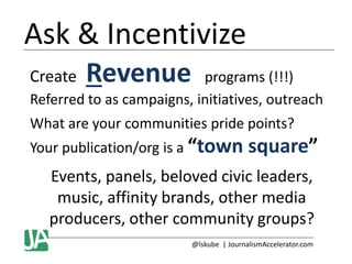 Ask & Incentivize
Create

Revenue

programs (!!!)
Referred to as campaigns, initiatives, outreach
What are your communities pride points?

Your publication/org is a “town

square”

Events, panels, beloved civic leaders,
music, affinity brands, other media
producers, other community groups?
@lskube | JournalismAccelerator.com

 