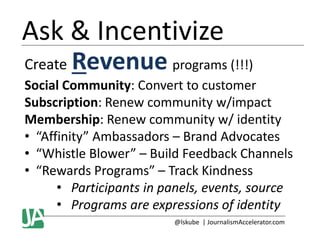 Ask & Incentivize
Create

Revenue programs (!!!)

Social Community: Convert to customer
Subscription: Renew community w/impact
Membership: Renew community w/ identity
• “Affinity” Ambassadors – Brand Advocates
• “Whistle Blower” – Build Feedback Channels
• “Rewards Programs” – Track Kindness
• Participants in panels, events, source
• Programs are expressions of identity
@lskube | JournalismAccelerator.com

 