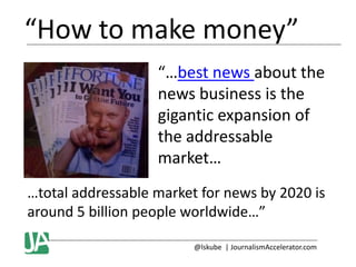 “How to make money”
“…best news about the
news business is the
gigantic expansion of
the addressable
market…
…total addressable market for news by 2020 is
around 5 billion people worldwide…”
@lskube | JournalismAccelerator.com

 