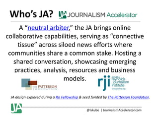 Who’s JA?
A “neutral arbiter,” the JA brings online
collaborative capabilities, serving as “connective
tissue” across siloed news efforts where
communities share a common stake. Hosting a
shared conversation, showcasing emerging
practices, analysis, resources and business
models.
JA design explored during a RJI Fellowship & seed funded by The Patterson Foundation.
@lskube | JournalismAccelerator.com

 