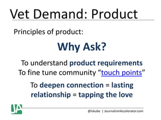 Vet Demand: Product
Principles of product:

Why Ask?
To understand product requirements
To fine tune community “touch points”
To deepen connection = lasting
relationship = tapping the love
@lskube | JournalismAccelerator.com

 
