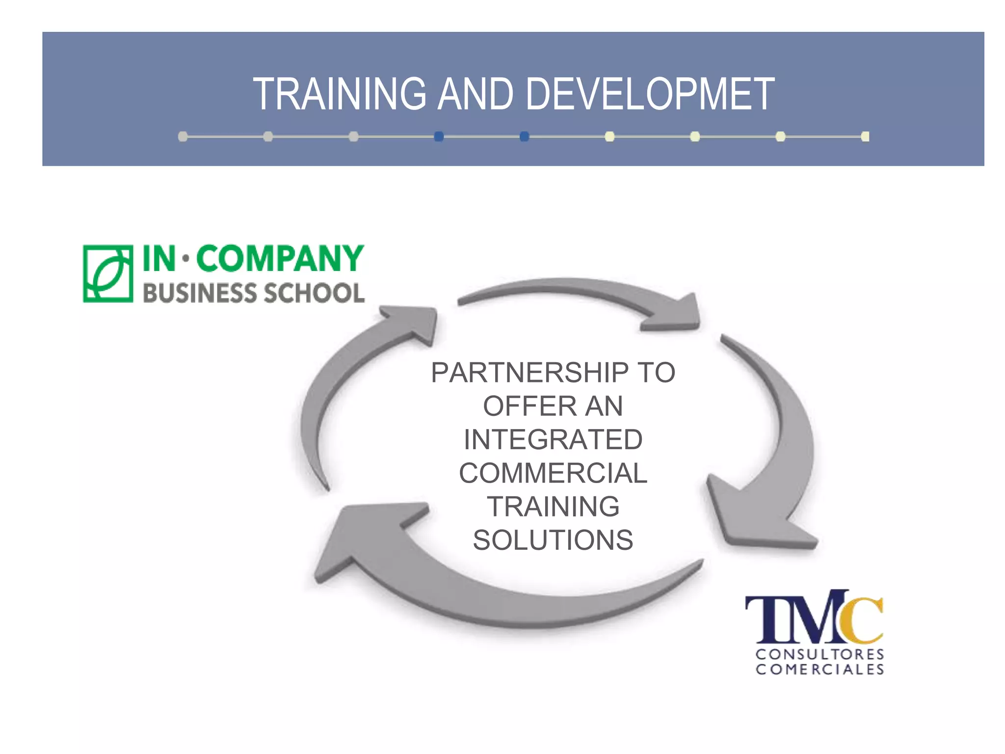 TRAINING AND DEVELOPMET
PARTNERSHIP TO
OFFER AN
INTEGRATED
COMMERCIAL
TRAINING
SOLUTIONS
 