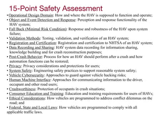 15-Point Safety Assessment
•Operational Design Domain: How and where the HAV is supposed to function and operate;
• Object and Event Detection and Response: Perception and response functionality of the
HAV system;
• Fall Back (Minimal Risk Condition): Response and robustness of the HAV upon system
failure;
• Validation Methods: Testing, validation, and verification of an HAV system;
• Registration and Certification: Registration and certification to NHTSA of an HAV system;
• Data Recording and Sharing: HAV system data recording for information sharing,
knowledge building and for crash reconstruction purposes;
• Post-Crash Behavior: Process for how an HAV should perform after a crash and how
automation functions can be restored;
• Privacy: Privacy considerations and protections for users;
• System Safety: Engineering safety practices to support reasonable system safety;
• Vehicle Cybersecurity: Approaches to guard against vehicle hacking risks;
• Human Machine Interface: Approaches for communicating information to the driver,
occupant and other road users;
• Crashworthiness: Protection of occupants in crash situations;
• Consumer Education and Training: Education and training requirements for users of HAVs;
• Ethical Considerations: How vehicles are programmed to address conflict dilemmas on the
road; and
• Federal, State and Local Laws: How vehicles are programmed to comply with all
applicable traffic laws.
 