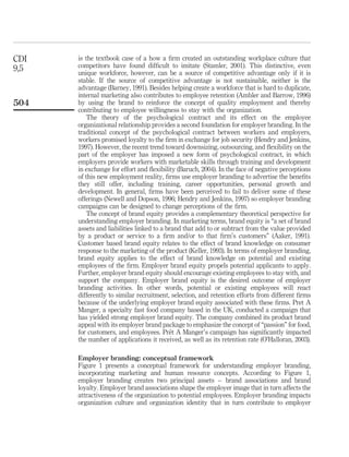 CDI   is the textbook case of a how a ﬁrm created an outstanding workplace culture that
9,5   competitors have found difﬁcult to imitate (Stamler, 2001). This distinctive, even
      unique workforce, however, can be a source of competitive advantage only if it is
      stable. If the source of competitive advantage is not sustainable, neither is the
      advantage (Barney, 1991). Besides helping create a workforce that is hard to duplicate,
      internal marketing also contributes to employee retention (Ambler and Barrow, 1996)
504   by using the brand to reinforce the concept of quality employment and thereby
      contributing to employee willingness to stay with the organization.
          The theory of the psychological contract and its effect on the employee
      organizational relationship provides a second foundation for employer branding. In the
      traditional concept of the psychological contract between workers and employers,
      workers promised loyalty to the ﬁrm in exchange for job security (Hendry and Jenkins,
      1997). However, the recent trend toward downsizing, outsourcing, and ﬂexibility on the
      part of the employer has imposed a new form of psychological contract, in which
      employers provide workers with marketable skills through training and development
      in exchange for effort and ﬂexibility (Baruch, 2004). In the face of negative perceptions
      of this new employment reality, ﬁrms use employer branding to advertise the beneﬁts
      they still offer, including training, career opportunities, personal growth and
      development. In general, ﬁrms have been perceived to fail to deliver some of these
      offerings (Newell and Dopson, 1996; Hendry and Jenkins, 1997) so employer branding
      campaigns can be designed to change perceptions of the ﬁrm.
          The concept of brand equity provides a complementary theoretical perspective for
      understanding employer branding. In marketing terms, brand equity is “a set of brand
      assets and liabilities linked to a brand that add to or subtract from the value provided
      by a product or service to a ﬁrm and/or to that ﬁrm’s customers” (Aaker, 1991).
      Customer based brand equity relates to the effect of brand knowledge on consumer
      response to the marketing of the product (Keller, 1993). In terms of employer branding,
      brand equity applies to the effect of brand knowledge on potential and existing
      employees of the ﬁrm. Employer brand equity propels potential applicants to apply.
      Further, employer brand equity should encourage existing employees to stay with, and
      support the company. Employer brand equity is the desired outcome of employer
      branding activities. In other words, potential or existing employees will react
      differently to similar recruitment, selection, and retention efforts from different ﬁrms
      because of the underlying employer brand equity associated with these ﬁrms. Pret A
      Manger, a specialty fast food company based in the UK, conducted a campaign that
      has yielded strong employer brand equity. The company combined its product brand
      appeal with its employer brand package to emphasize the concept of “passion” for food,
                                          ˆ
      for customers, and employees. Pret A Manger’s campaign has signiﬁcantly impacted
      the number of applications it received, as well as its retention rate (O’Halloran, 2003).

      Employer branding: conceptual framework
      Figure 1 presents a conceptual framework for understanding employer branding,
      incorporating marketing and human resource concepts. According to Figure 1,
      employer branding creates two principal assets – brand associations and brand
      loyalty. Employer brand associations shape the employer image that in turn affects the
      attractiveness of the organization to potential employees. Employer branding impacts
      organization culture and organization identity that in turn contribute to employer
 