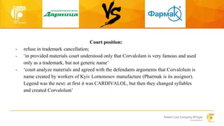 Court position: 
- refuse in trademark cancellation; 
- ‘in provided materials court understood only that Corvalolum is very famous and used 
only as a trademark, but not generic name’ 
- ‘court analyze materials and agreed with the defendants arguments that Corvalolum is 
name created by workers of Kyiv Lomonosov manufacture (Pharmak is its assignor). 
Legend was the next: at first it was CARDIVALOL, but then they changed syllables 
and created Corvalolum’ 
 