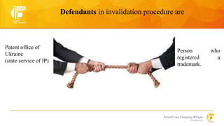 Defendants in invalidation procedure are 
Patent office of 
Ukraine 
(state service of IP) 
Person who 
registered a 
trademark. 
 