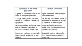 Syndromes in the young
population
Geriatric syndromes
a group of symptoms that do not
need to be highly prevalent
highly prevalent, mostly single
symptom states
a single pathogenetic pathway,
known or unknown, causes the
symptoms.
the leading symptom is linked to
a number of aetiological factors
or diseases in other organs.
separate entities, and there is no
overlap between aetiological
factors of different syndromes
large overlap between the
aetiological factors of different
geriatric syndromes.
in younger patients, one usually
finds a single syndrome in one
patient
A geriatric patient often suffers
from more than one geriatric
syndrome
 