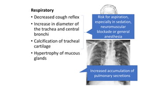 Respiratory
• Decreased cough reflex
• Increase in diameter of
the trachea and central
bronchi
• Calcification of tracheal
cartilage
• Hypertrophy of mucous
glands
Risk for aspiration,
especially in sedation,
neuromuscular
blockade or general
anesthesia
Increased accumulation of
pulmonary secretions
 