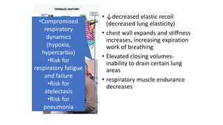 • ↓decreased elastic recoil
(decreased lung elasticity)
• chest wall expands and stiffness
increases, increasing expiration
work of breathing
• Elevated closing volumes-
inability to drain certain lung
areas
• respiratory muscle endurance
decreases
•Compromised
respiratory
dynamics
(hypoxia,
hypercarbia)
•Risk for
respiratory fatigue
and failure
•Risk for
atelectasis
•Risk for
pneumonia
 