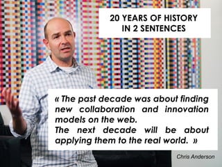 20 YEARS OF HISTORY
IN 2 SENTENCES
« The past decade was about finding
new collaboration and innovation
models on the web.
The next decade will be about
applying them to the real world. »
Chris Anderson
 