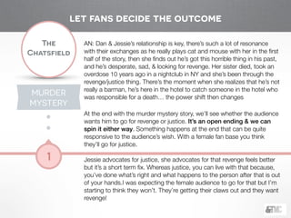 !
The
Chatsfield
1
AN: Dan & Jessie’s relationship is key, there’s such a lot of resonance
with their exchanges as he really plays cat and mouse with her in the ﬁrst
half of the story, then she ﬁnds out he’s got this horrible thing in his past,
and he’s desperate, sad, & looking for revenge. Her sister died, took an
overdose 10 years ago in a nightclub in NY and she’s been through the
revenge/justice thing. There’s the moment when she realizes that he’s not
really a barman, he’s here in the hotel to catch someone in the hotel who
was responsible for a death… the power shift then changes
!
At the end with the murder mystery story, we’ll see whether the audience
wants him to go for revenge or justice. It’s an open ending & we can
spin it either way. Something happens at the end that can be quite
responsive to the audience’s wish. With a female fan base you think
they’ll go for justice.
!
Jessie advocates for justice, she advocates for that revenge feels better
but it’s a short term ﬁx. Whereas justice, you can live with that because,
you’ve done what’s right and what happens to the person after that is out
of your hands.I was expecting the female audience to go for that but I’m
starting to think they won’t. They’re getting their claws out and they want
revenge!
MURDER
MYSTERY
let fans decide the outcome
 