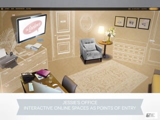 !
degrassi
1
TheKidsof
Created by Linda Schuyler
!
Aired originally on CBC
!
The series followed the lives of a group of Elementary School children
living on Degrassi Street in Toronto and ended when the kids had
finished Grade 6
!
It began as a short film adapted from a children’s book, Ida Makes a
Movie (1979), though the children’s book had anthropomorphic cat
characters.
JESSIE’S OFFICE
INTERACTIVE ONLINE SPACES AS POINTS OF ENTRY
 