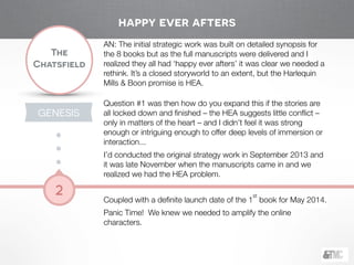 !
The
Chatsfield
2
GENESIS
AN: The initial strategic work was built on detailed synopsis for
the 8 books but as the full manuscripts were delivered and I
realized they all had ‘happy ever afters’ it was clear we needed a
rethink. It’s a closed storyworld to an extent, but the Harlequin
Mills & Boon promise is HEA.
!
Question #1 was then how do you expand this if the stories are
all locked down and ﬁnished – the HEA suggests little conﬂict –
only in matters of the heart – and I didn’t feel it was strong
enough or intriguing enough to offer deep levels of immersion or
interaction...
I’d conducted the original strategy work in September 2013 and
it was late November when the manuscripts came in and we
realized we had the HEA problem.
!
Coupled with a deﬁnite launch date of the 1
st
book for May 2014.
Panic Time! We knew we needed to amplify the online
characters.
happy ever afters
 