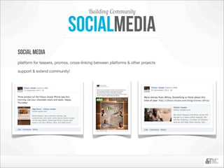 Building Community

                            socialmedia
social media
platform for teasers, promos, cross-linking between platforms & other projects

support & extend community!
 