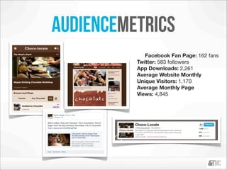 audiencemetrics
             Facebook Fan Page: 162 fans
          Twitter: 583 followers
          App Downloads: 2,261
          Average Website Monthly
          Unique Visitors: 1,170
          Average Monthly Page
          Views: 4,845
 