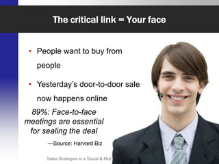 The critical link = Your face


 • People want to buy from
   people

 • Yesterday’s door-to-door sale
   now happens online
 89%: Face-to-face
meetings are essential
 for sealing the deal
      —Source: Harvard Biz

      Sales Strategies in a Social & Mobile World   @Sales20Conf
 