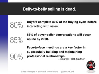 Belly-to-belly selling is dead.

      Buyers complete 80% of the buying cycle before
      interacting with sales.

      85% of buyer-seller conversations will occur
      online by 2020.

      Face-to-face meetings are a key factor in
      successfully building and maintaining
      professional relationships.
                                          —Source: HBR, Gartner




Sales Strategies in a Social & Mobile World   @Sales20Conf
 