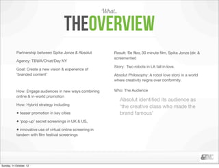 What..

                                         THEOVERVIEW
            Partnership between Spike Jonze & Absolut        ...