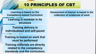 Learning is based on the
Competency-based Curriculum
Learning is modular in its
structure
Training delivery is
individualized and self-paced
Training is based on work that
must be performed
Training materials are directly
related to the competency
standards and the curriculum.
Assessment of learner is based in the
collection of evidences of work
 