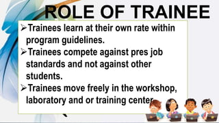 ROLE OF TRAINEE
Trainees learn at their own rate within
program guidelines.
Trainees compete against pres job
standards and not against other
students.
Trainees move freely in the workshop,
laboratory and or training center.
 