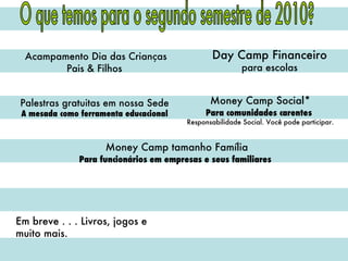 O que temos para o segundo semestre de 2010? Day Camp Financeiro  para escolas Acampamento Dia das Crianças Pais & Filhos   Em breve . . . Livros, jogos e muito mais. Money Camp tamanho Família Para funcionários em empresas e seus familiares   Palestras gratuitas em nossa Sede A mesada como ferramenta educacional Money Camp Social* Para comunidades carentes   Responsabilidade Social. Você pode participar. 