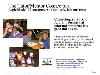 The Tutor/Mentor Connection
Logic Model: If you agree with the logic, join our team
Connecting Youth And
Adults in formal and
informal mentoring is a
good thing to do.
Most youth are part of informal
mentoring provided by the network
of adults and learning opportunities
provided by their family, school,
church or community.
Pg 1
Tutor/Mentor Connection (1993-present)
Tutor/Mentor Institute, LLC (2011-present
http://www.tutormentorexchange.net
http://tutormentor.blogspot.com
http://mappingforjustice.blogspot.com
Property of Tutor/Mentor Institute, LLC , Tutor/Mentor Connection, http://www.tutormentorexchange.net E-Mail tutormentor2@earthlink.net
 