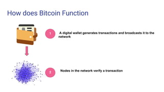 How does Bitcoin Function
A digital wallet generates transactions and broadcasts it to the
network
Nodes in the network verify a transaction
1
2
 