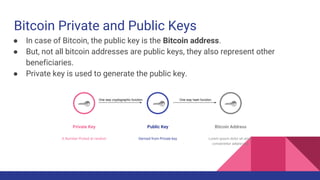 Bitcoin Private and Public Keys
● In case of Bitcoin, the public key is the Bitcoin address.
● But, not all bitcoin addresses are public keys, they also represent other
beneficiaries.
● Private key is used to generate the public key.
Private Key
A Number Picked at random
Public Key
Derived from Private key
Bitcoin Address
Lorem ipsum dolor sit amet,
consectetur adipiscing.
One way cryptographic function One way hash function
 