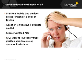 Just what does that all mean for IT?Users are mobile and devices are no longer just e-mail or TextingAdoption is huge but IT budgets are flatPeople want to BYODCIOs want to leverage virtual desktop infrastructure on commodity devices3