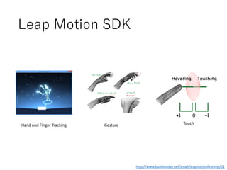 Leap Motion SDK
Hand and Finger Tracking Gesture
http://www.buildinsider.net/small/leapmotionfirstimp/01
Touch
 