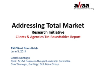 Addressing Total Market
Research Initiative
Clients & Agencies TM Roundtables Report
TM Client Roundtable
June 3, 2014
Carlos Santiago
Chair, AHAA Research-Thought Leadership Committee
Chief Strategist, Santiago Solutions Group
 