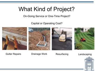 What Kind of Project?
                 On-Going Service or One-Time Project?

                       Capital or Operating Cost?




Gutter Repairs         Drainage Work       Resurfacing   Landscaping
 