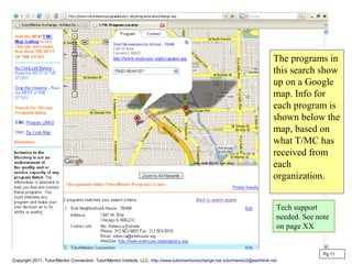 The programs in
this search show
up on a Google
map. Info for
each program is
shown below the
map, based on
what T/MC has
received from
each
organization.
Pg 11
Copyright 2011, Tutor/Mentor Connection, Tutor/Mentor Institute, LLC, http://www.tutormentorexchange.net tutormentor2@earthlink.net
Tech support
needed. See note
on page XX
 