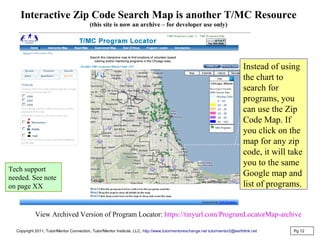 Interactive Zip Code Search Map is another T/MC Resource
(this site is now an archive – for developer use only)
Instead of using
the chart to
search for
programs, you
can use the Zip
Code Map. If
you click on the
map for any zip
code, it will take
you to the same
Google map and
list of programs.
Pg 12
View Archived Version of Program Locator: https://tinyurl.com/ProgramLocatorMap-archive
Copyright 2011, Tutor/Mentor Connection, Tutor/Mentor Institute, LLC, http://www.tutormentorexchange.net tutormentor2@earthlink.net
Tech support
needed. See note
on page XX
 