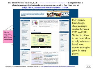 The Tutor/Mentor Institute, LLC - www.tutormentorexchange.net/ is organized as a
planning resource for leaders in any program, or any city. See video tour at
https://www.youtube.com/watch?v=umS4YsTHPhA
PDF essays,
links, blogs,
share concepts
created between
1975 and 2011.
We invite others
to use these ideas
to help volunteer-
based tutor/
mentor strategies
grow in many
places.
Pg 19
Click to
open each
section.
Find related
information
Copyright 2011, Tutor/Mentor Connection, Tutor/Mentor Institute, LLC, http://www.tutormentorexchange.net tutormentor2@earthlink.net
 