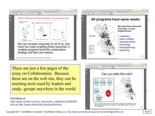 These are just a few pages of the
essay on Collaboration. Because
these are on the web site, they can be
teaching tools used by leaders and
study- groups anywhere in the world.
Pg 20
Copyright 2011, Tutor/Mentor Connection, Tutor/Mentor Institute, LLC, http://www.tutormentorexchange.net tutormentor2@earthlink.net
Find these at
http://www.scribd.com/my_document_collections/3299390
And at http://www.slideshare.net/tutormentor/
 