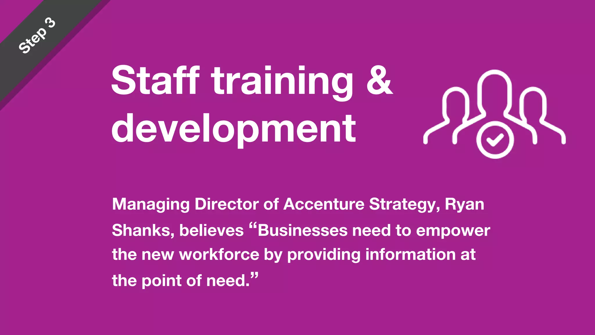 Managing Director of Accenture Strategy, Ryan
Shanks, believes “Businesses need to empower
the new workforce by providing information at
the point of need.”
Staff training &
development
 
