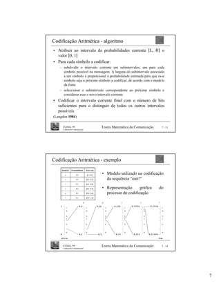 Codificação Aritmética - algoritmo
• Atribuir ao intervalo de probabilidades corrente [L, H[ o
  valor [0, 1[
• Para cada símbolo a codificar:
   – subdividir o intervalo corrente em subintervalos, um para cada
     símbolo possível na mensagem. A largura do subintervalo associado
     a um símbolo é proporcional à probabilidade estimada para que esse
     símbolo seja o próximo símbolo a codificar, de acordo com o mode lo
     da fonte
   – seleccionar o subintervalo correspondente ao próximo símbolo e
     considerar esse o novo intervalo corrente
• Codificar o intervalo corrente final com o número de bits
  suficientes para o distinguir de todos os outros intervalos
  possíveis
(Langdon 1984)

        CCISEL 99                                              Teoria Matemática da Comunicação                                   7 - 13
        Criptografia Computacional




Codificação Aritmética - exemplo
        Símbolo    Probabilidade         Intervalo

           a            0,2               [0..0,2[
                                                               • Modelo utilizado na codificação
           e            0,3              [0,2..0,5[              da sequência “eaii!”
           i            0,1              [0,5..0,6[

           o            0,2              [0,6..0,8[            • Representação      gráfica                                   do
           u            0,1              [0,8..0,9[              processo de codificação
           !            0,1              [0,9..1,0[

                                     e                         a                  i                    i                      !
    1                         0 ,5                    0 ,2 6           0 ,2 3 6           0 ,2 3 3 6             0 ,2 3 3 6
               !                         !                         !                  !                    !                      !
               u                         u                         u                  u                    u                      u

               o                         o                         o                  o                    o                      o
               i                         i                         i                  i                    i                      i

               e                         e                         e                  e                    e                      e


               a                         a                         a                  a                    a                      a
    0                         0 ,2                      0 ,2            0 ,2 3              0 ,2 3 3           0 ,2 3 3 5 4
    ín ic io                                                                                                                  fi m


        CCISEL 99                                              Teoria Matemática da Comunicação                                   7 - 14
        Criptografia Computacional




                                                                                                                                           7
 