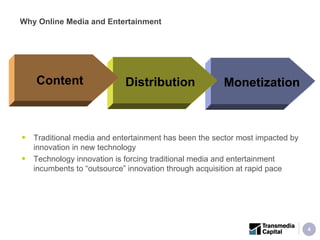 Traditional media and entertainment has been the sector most impacted by innovation in new technology Technology innovation is forcing traditional media and entertainment incumbents to “outsource” innovation through acquisition at rapid pace Why Online Media and Entertainment Distribution Monetization Content 