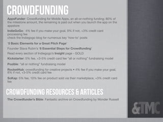 Crowdfunding
AppsFunder: Crowdfunding for Mobile Apps, an all-or-nothing funding; 80% of
the milestone amount, the remaining is paid out when you launch the app on the
appstore
IndieGoGo: 4% fee if you make your goal, 9% if not, +3% credit card
processing fee
check the Indiegogo blog for numerous key ‘how-to’ posts
‘5 Basic Elements for a Great Pitch Page’
Founder Slava Rubin’s ‘6 Essential Steps for Crowdfunding’
Read every section of Indiegogo’s Insight page - GOLD
Kickstarter: 5% fee, +3-5% credit card fee “all or nothing” fundraising model
Pozible: “all or nothing” fundraising model
RocketHub: crowdfunding for creative projects • 4% fee if you make your goal,
8% if not, +3-5% credit card fee
SoKap: 5% fee, 10% fee on product sold via their marketplace, +3% credit card
fee


Crowdfunding Resources & Articles
The Crowdfunder’s Bible: Fantastic archive on Crowdfunding by Wonder Russell
 