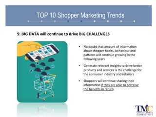 TOP 10 Shopper Marketing Trends
9.	
  BIG	
  DATA	
  will	
  con.nue	
  to	
  drive	
  BIG	
  CHALLENGES	
  
•  No	
  doubt	
  that	
  amount	
  of	
  informaAon	
  
about	
  shopper	
  habits,	
  behaviour	
  and	
  
paherns	
  will	
  conAnue	
  growing	
  in	
  the	
  
following	
  years	
  
•  Generate	
  relevant	
  insights	
  to	
  drive	
  beher	
  
products	
  and	
  services	
  is	
  the	
  challenge	
  for	
  
the	
  consumer	
  industry	
  and	
  retailers	
  
•  Shoppers	
  will	
  conAnue	
  sharing	
  their	
  
informaAon	
  if	
  they	
  are	
  able	
  to	
  perceive	
  
the	
  beneﬁts	
  in	
  return.	
  
 