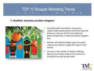 •  Growing	
  health	
  and	
  wellness	
  awareness:	
  
natural,	
  high	
  quality	
  produce	
  and	
  fresh	
  food	
  and	
  
drinks	
  are	
  now	
  one	
  of	
  the	
  most	
  important	
  
determining	
  factors	
  in	
  what	
  and	
  where	
  shoppers	
  
buy.	
  	
  
•  Retailers	
  will	
  dedicate	
  higher	
  space	
  for	
  water,	
  
natural	
  juice	
  and	
  tea.	
  Longer	
  Ame	
  spent	
  in	
  this	
  
secAon.	
  
•  Increase	
  in	
  the	
  number	
  of	
  retailers	
  oﬀering	
  
Natural	
  Juice	
  freshly	
  made	
  at	
  the	
  moment	
  or	
  
during	
  the	
  day	
  with	
  private	
  label.	
  
TOP 10 Shopper Marketing Trends
7.	
  Healthier	
  and	
  price	
  sensi.ve	
  shoppers	
  
 