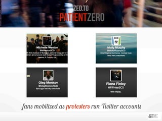 fans mobilized as protesters run Twitter accounts
patientzero
zed.to
 