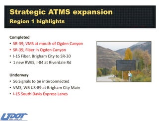 Strategic ATMS expansion
Region 1 highlights
Completed
• SR-39, VMS at mouth of Ogden Canyon
• SR-39, Fiber in Ogden Canyon
• I-15 Fiber, Brigham City to SR-30
• 1 new RWIS, I-84 at Riverdale Rd
Underway
• 56 Signals to be interconnected
• VMS, WB US-89 at Brigham City Main
• I-15 South Davis Express Lanes

 
