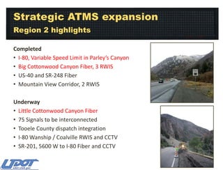 Strategic ATMS expansion
Region 2 highlights
Completed
• I-80, Variable Speed Limit in Parley’s Canyon
• Big Cottonwood Canyon Fiber, 3 RWIS
• US-40 and SR-248 Fiber
• Mountain View Corridor, 2 RWIS
Underway
• Little Cottonwood Canyon Fiber
• 75 Signals to be interconnected
• Tooele County dispatch integration
• I-80 Wanship / Coalville RWIS and CCTV
• SR-201, 5600 W to I-80 Fiber and CCTV

 