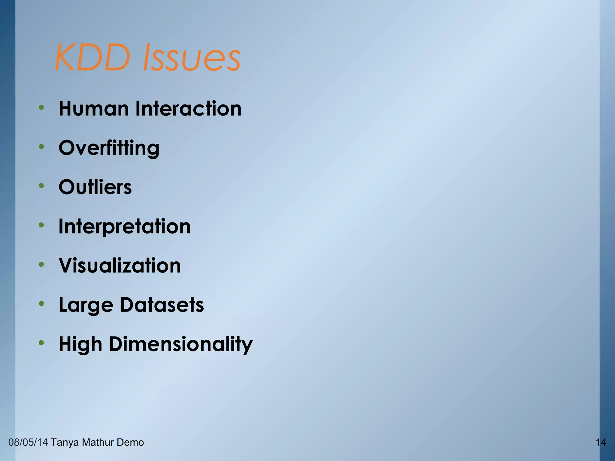 08/05/14 Tanya Mathur Demo 14
• Human Interaction
• Overfitting
• Outliers
• Interpretation
• Visualization
• Large Datasets
• High Dimensionality
KDD Issues
 