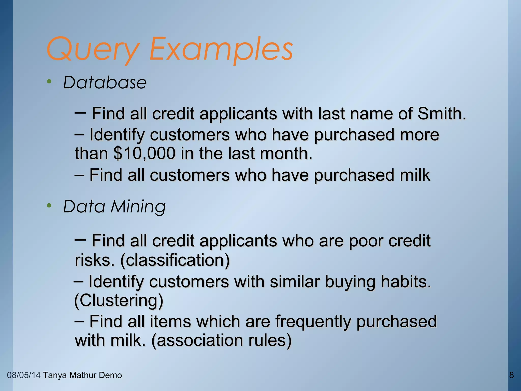 08/05/14 Tanya Mathur Demo 8
• Database
• Data Mining
Query Examples
– Find all customers who have purchased milkFind all customers who have purchased milk
– Find all items which are frequently purchasedFind all items which are frequently purchased
with milk. (association rules)with milk. (association rules)
– Find all credit applicants with last name of Smith.Find all credit applicants with last name of Smith.
– Identify customers who have purchased moreIdentify customers who have purchased more
than $10,000 in the last month.than $10,000 in the last month.
– Find all credit applicants who are poor creditFind all credit applicants who are poor credit
risks. (classification)risks. (classification)
– Identify customers with similar buying habits.Identify customers with similar buying habits.
(Clustering)(Clustering)
 