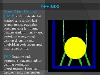 Tuned Mass Damper
(TMD) adalah sebuah alat
kontrol yang terdiri dari
sebuah massa, pegas dan
peredam yang terhubung
dengan struktur utama yang
bertujuan mengurangi
getaran dinamik yang
disebabkan oleh beban angin
atau beban gempa.
TMD dipasang pada
bermacam-macam struktur:
gedung bertingkat
tinggi, menara, bentangan
yang panjang, dan jembatan
DEFINISI
 