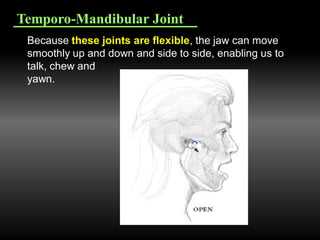 Temporo-Mandibular Joint
Because these joints are flexible, the jaw can move
smoothly up and down and side to side, enabling us to
talk, chew and
yawn.
 