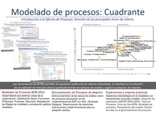 Modelado de procesos: Cuadrante
                 Introducción a la Oficina de Procesos. Revisión de los principales ítems de interés.




         Las herramientas de BPMS permiten la exposición gráfica de las mejoras detectadas, la habilidad en la adopción
          de un estándar de mercado ahorra significativamente los tiempos de análisis y agiliza la adopción de mejoras .
Modelado de Procesos BPM ARIS                  Documentación de Procesos de Negocio               Experiencias y mejores prácticas
Desarrollando las distitnas vistas de la       Direccionamiento de las tareas de análisis sobre   Asistencia metodológica en el modelado con
organización. Clasificando Datos. Funciones.   los procesos alcanzados en las                     herramientas corporate modeler. Adopción de
Productos. Procesos. Recursos. Respetando      implementaciones SAP con Aris – Business           estándares ABPMP BPM CBOK. Tipos de
las Reglas de modelado y empleando gráficos    Designer. Determinación de directrices,            Procesos. Ciclo de Vida BPM. Modelado de
auxiliares.                                    instrucciones y determinaciones para su            procesos. Perspectivas del modelo. Diseño
                                               adopción exitosa.                                  de roles en el gerenciamiento de procesos.
 